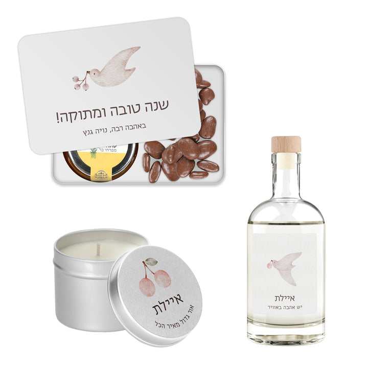 מארז מתנה - נר ריחני קטן - מפיץ ריח - מארז דבש ושוקולד מפנק - שלווה