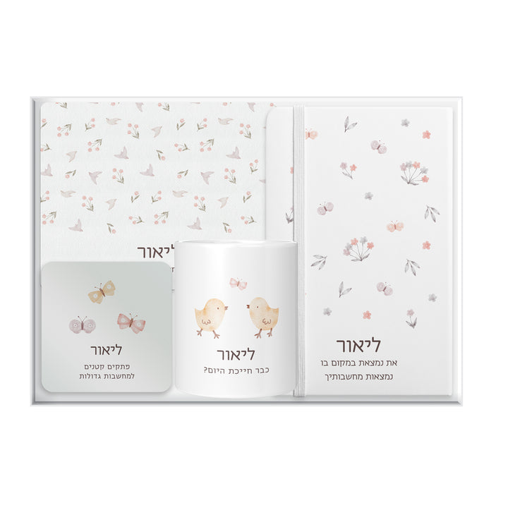 מארז מתנה - מחברת + פד לעכבר + כלי למכשירי כתיבה + קופסת דפי ממו - שלווה